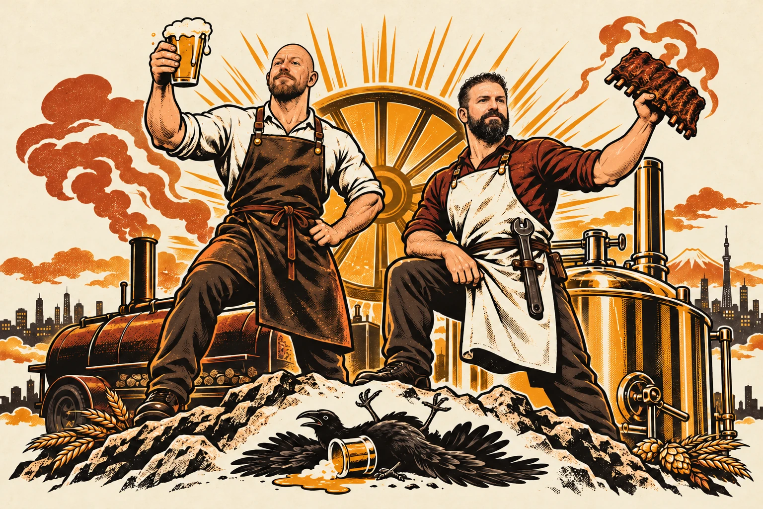 Marc raises a pint and Eric holds smoked ribs beside a brew kettle, with a wagon wheel behind them and a sleeping raven at their feet.