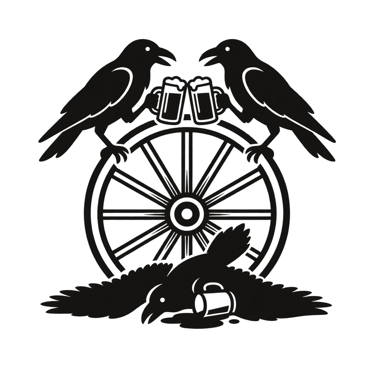 Two ravens clink beer mugs on a wagon wheel while a third raven lies beside a spilled mug.